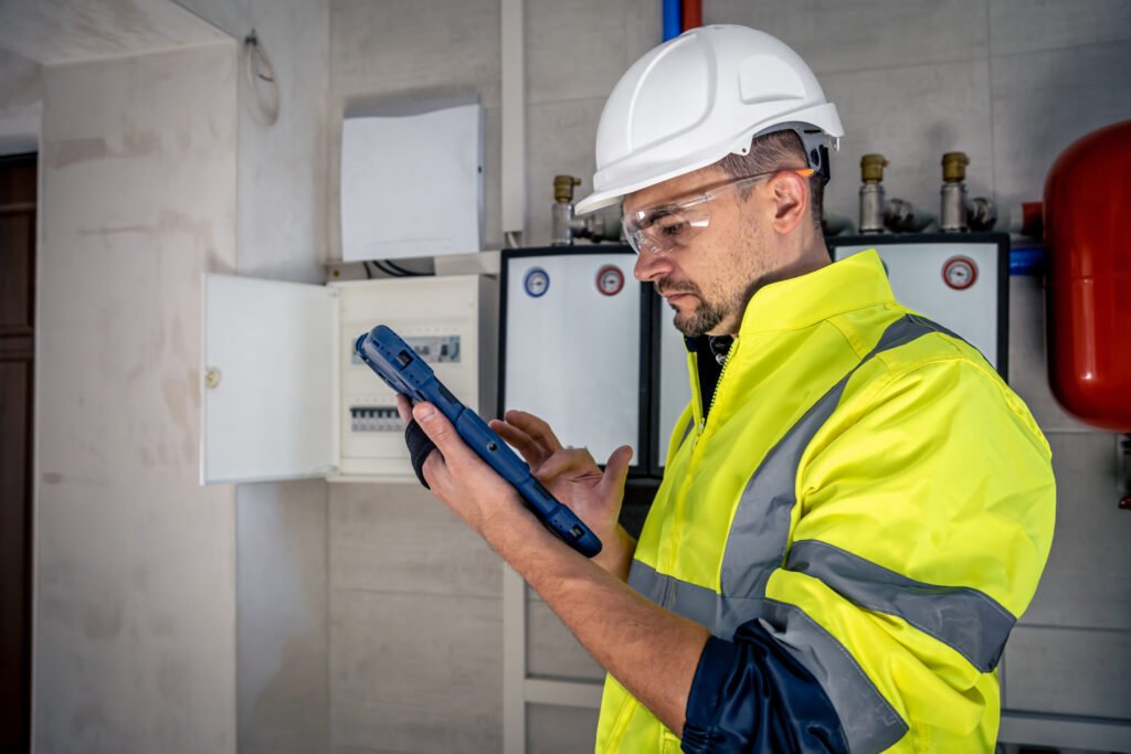 l homme un technicien electricien travaillant dans un standard avec des fusibles utilise une tablette