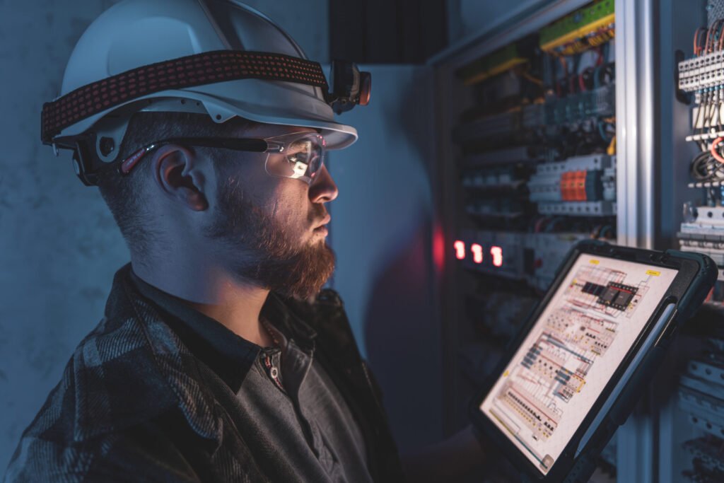 un electricien en combinaison s est concentre sur le travail dans un central electrique avec des fusibles a l aide d une tablette