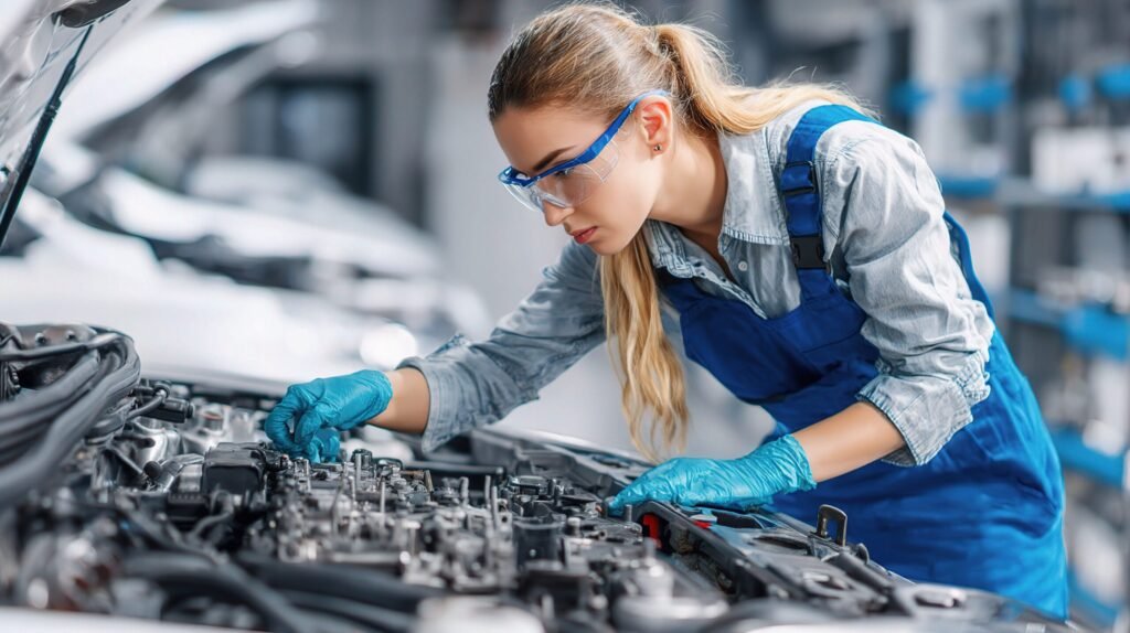vecteezy a woman in blue overalls working on a car engine 65665375