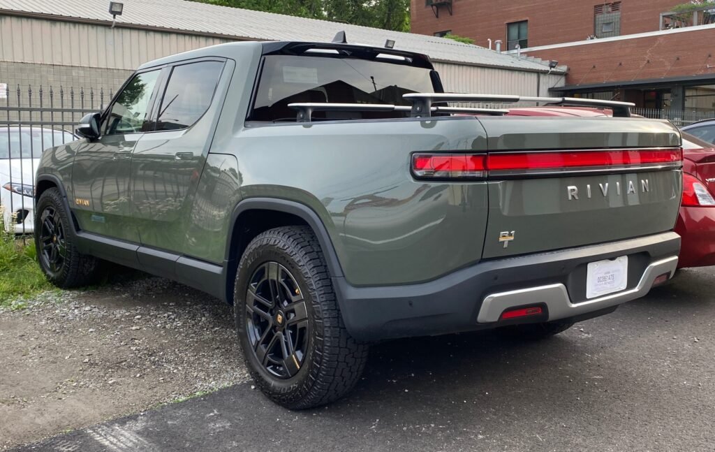 2022 Rivian R1T in Launch Green rear left 05 20 2022